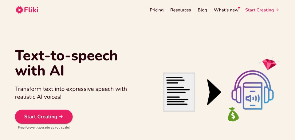 A screenshot of the Fliki website highlighting text-to-speech with AI