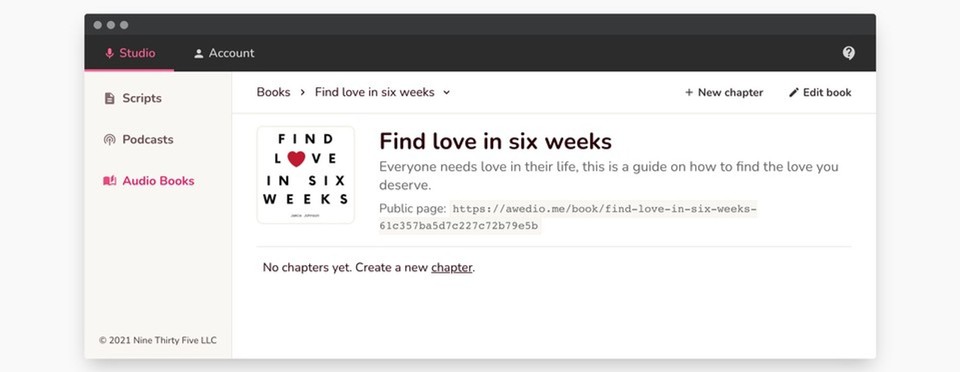 Screenshot of Fliki interface with the audiobook title Find love in six weeks and a public page link