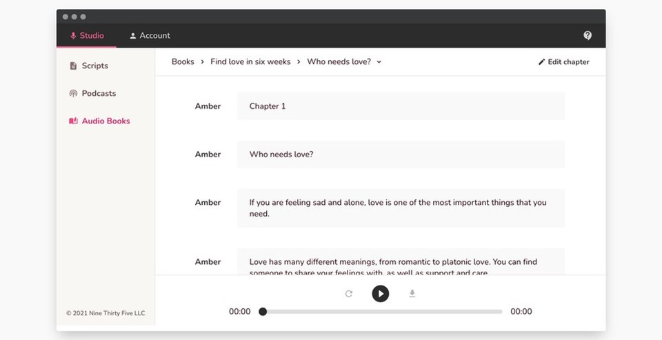 Screenshot of Fliki interface showing chapter entries and text content for Find love in six weeks audiobook