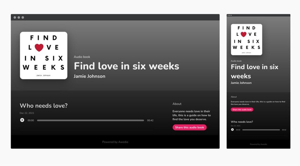 Screenshot of Fliki interface for Find love in six weeks audiobook with playback controls and a share button