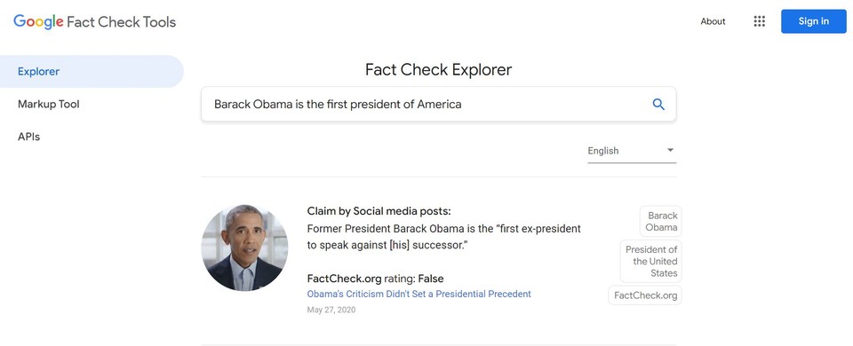 Google fact check explorer