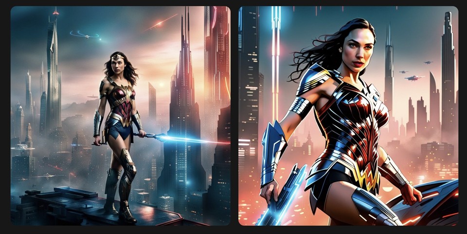 Two side-by-side AI-generated images of a female warrior in futuristic armor, set against a high-tech cityscape at dawn or dusk