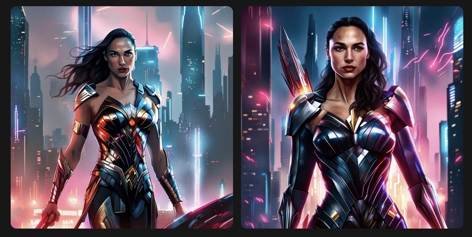 Two side-by-side AI-generated images of a female warrior in high-tech armor, standing confidently in a futuristic city