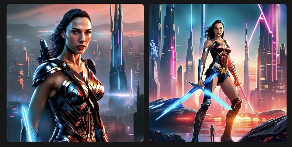 Two side-by-side AI-generated images of a female warrior wielding futuristic weapons, with a neon-lit city in the background