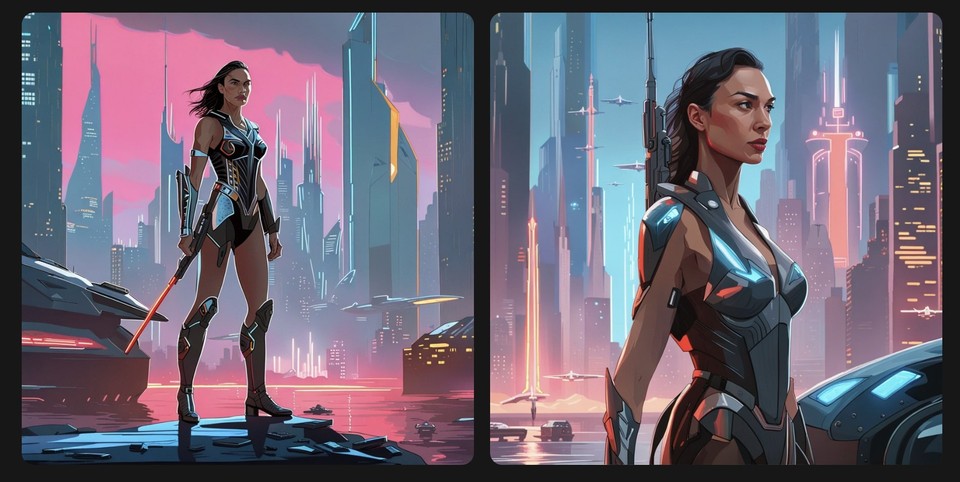 Two side-by-side AI-generated images of a female warrior, each showing a different perspective and pose, with a high-tech city backdrop