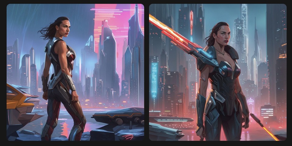 Two side-by-side AI-generated images of a female warrior, one highlighting her profile and the other her stance, set in a futuristic city