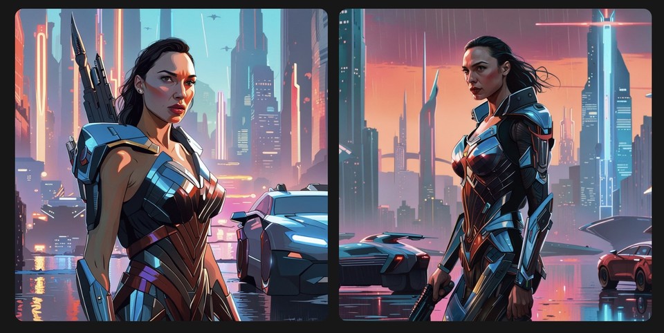 Two side-by-side AI-generated images of a female warrior, each showcasing different lighting and backgrounds of a neon-lit futuristic city