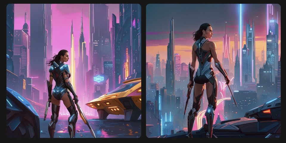 Two side-by-side AI-generated images of a female warrior in sleek, advanced armor, overlooking a futuristic metropolis