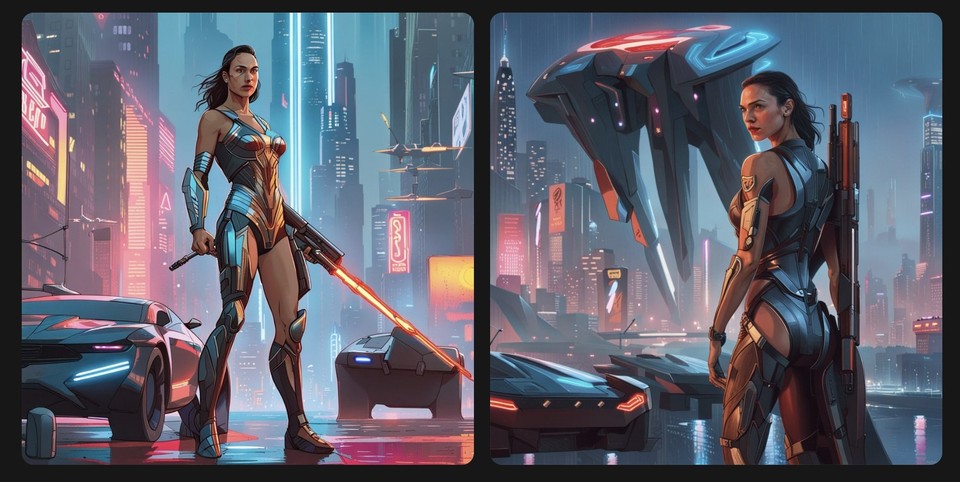 Two side-by-side AI-generated images of a female warrior in sleek, high-tech armor