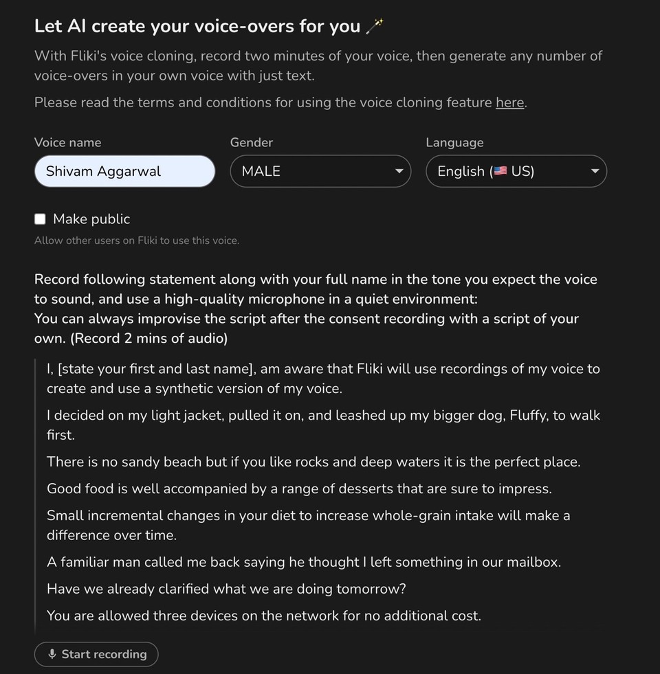 A screenshot of Fliki interface showing instructions for creating voice clone using AI with detailed steps for recording a sample voice