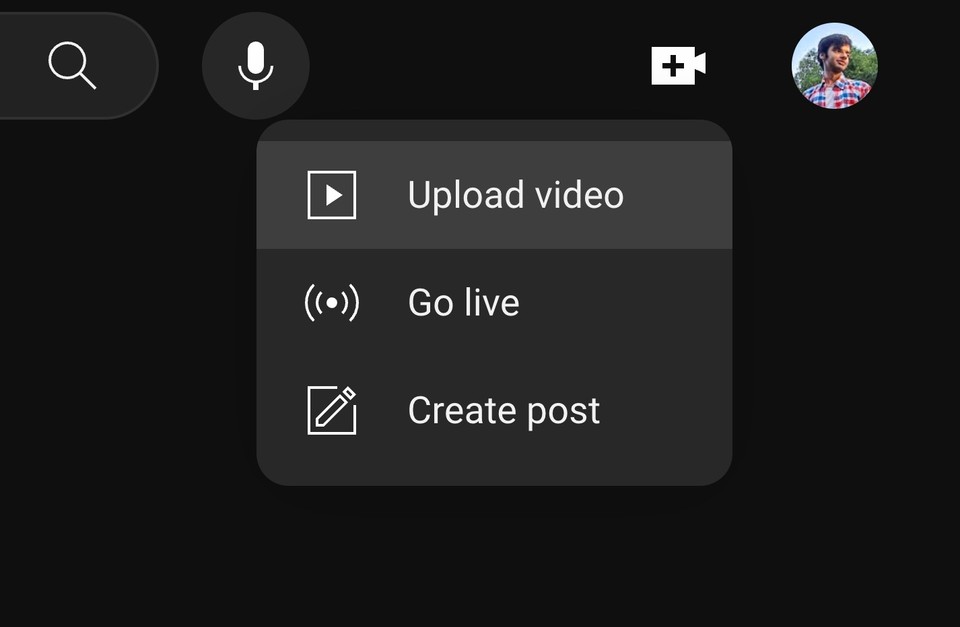 Screenshot of YouTube's menu with options to upload video, go live, or create post.