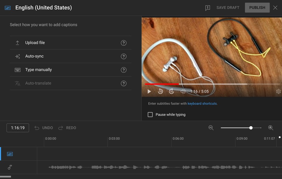 Screenshot of YouTube's video caption editor showing options to upload file, auto-sync, type manually, or auto-translate captions