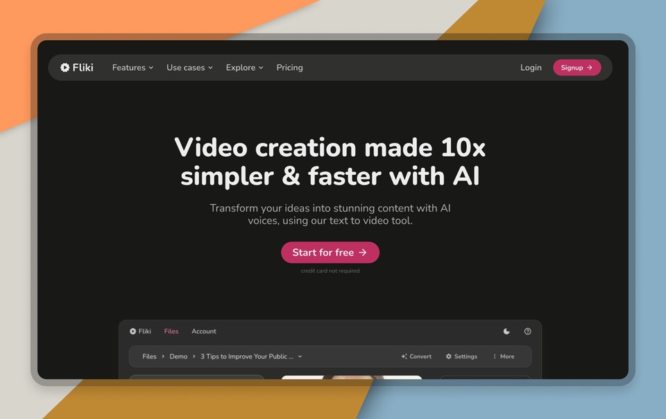 Fliki homepage promoting AI-powered video creation with a call to action to start for free