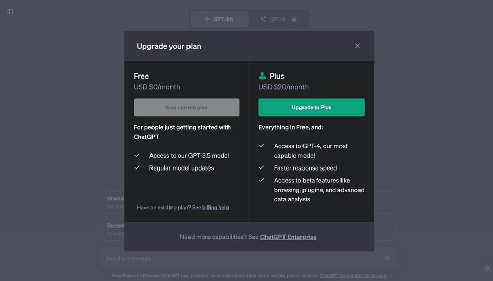 Plan upgrade options for ChatGPT, comparing the Free plan and the Plus plan priced at $20/month