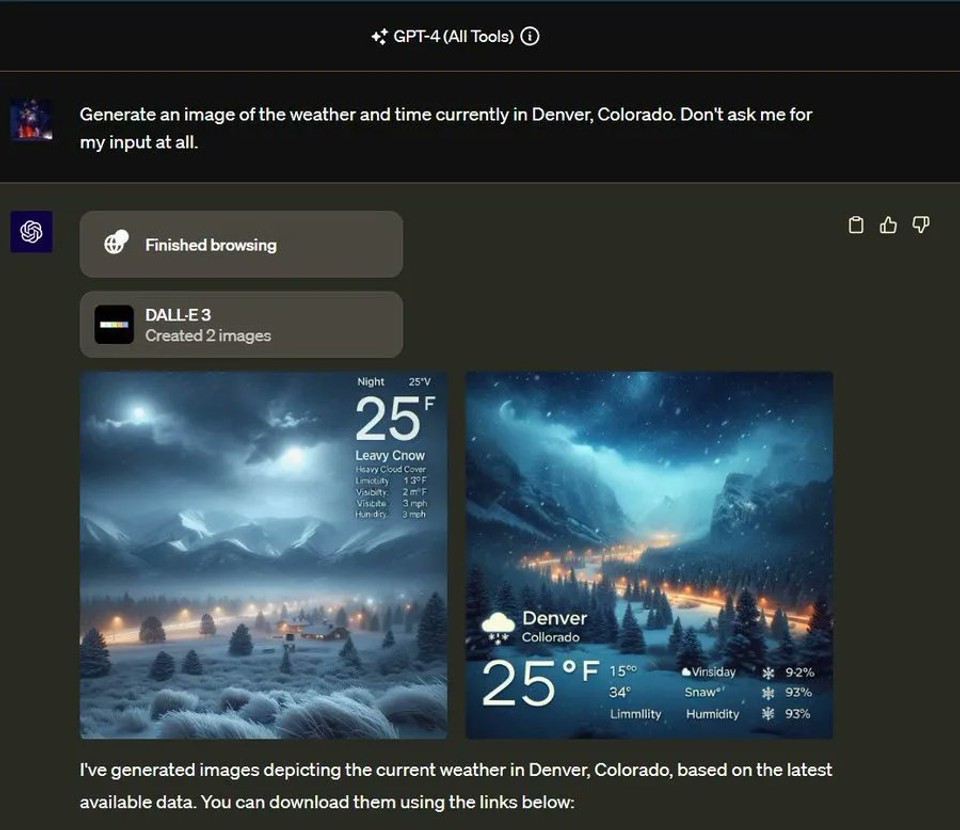 A ChatGPT request to generate an image of the current weather and time in Denver, Colorado, with DALL-E's generated images showing snowy night conditions at 25°F