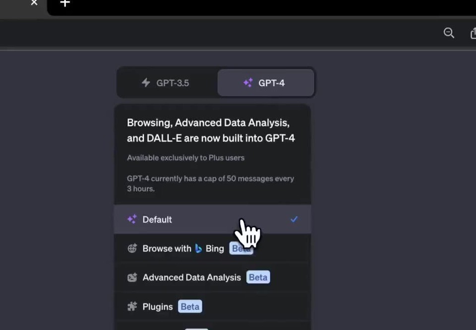Selection menu for GPT-4 with integrated tools like browsing, advanced data analysis, and DALL-E for Plus users