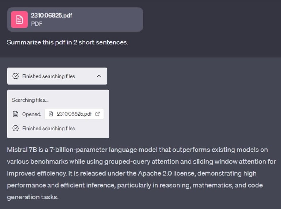 ChatGPT summarizing a PDF titled 2310.06825.pdf with a brief description of the Mistral 7B language model