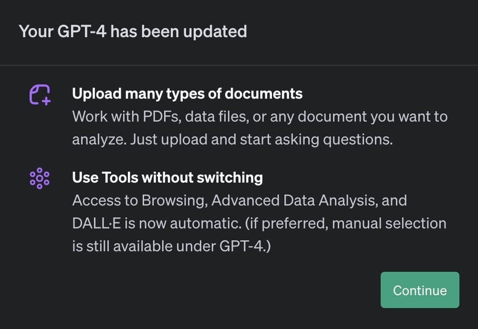 Notification stating Your GPT-4 has been updated with features to upload various documents and use tools without switching