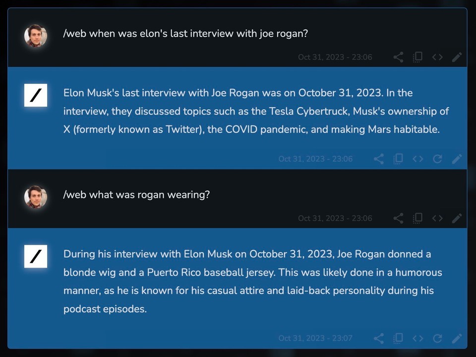 Grok interface showing a query about Elon Musk's last interview with Joe Rogan, dated October 31, 2023