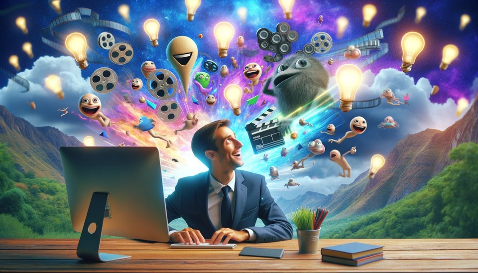 A man in a suit, sitting at a desk with a computer, surrounded by animated, imaginative, and colorful elements like light bulbs, film reels, and characters emerging from his mind