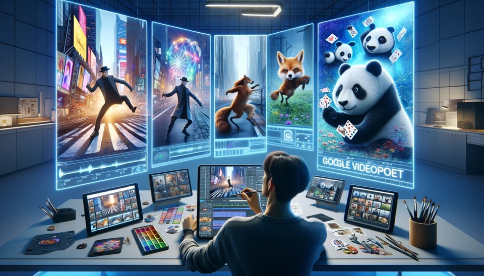 A person working on a video editing project with multiple screens showcasing various creative animations including a man dancing in a city, animals, and pandas performing tricks