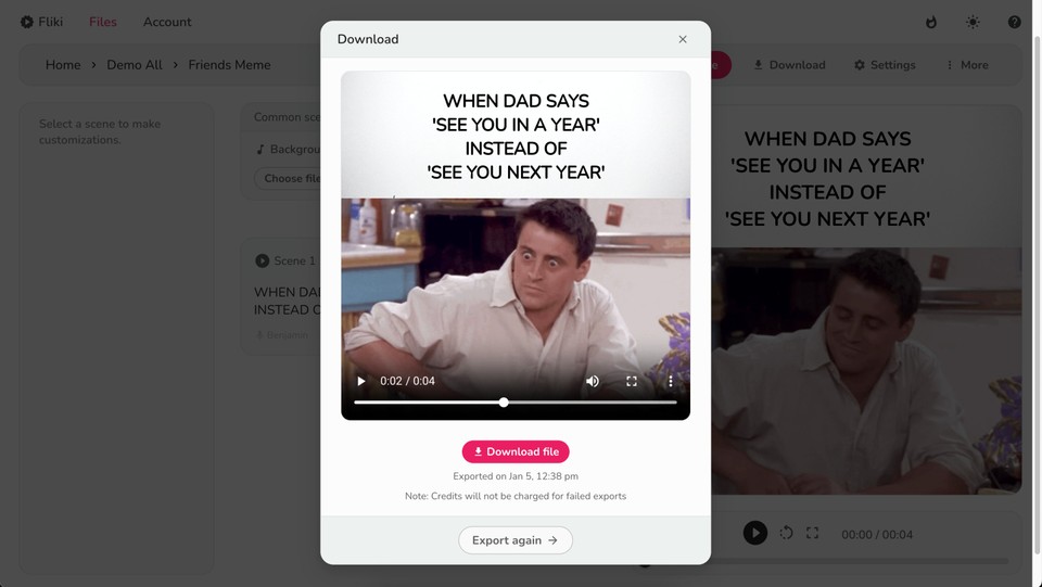 Previewing and downloading the meme video from Fliki