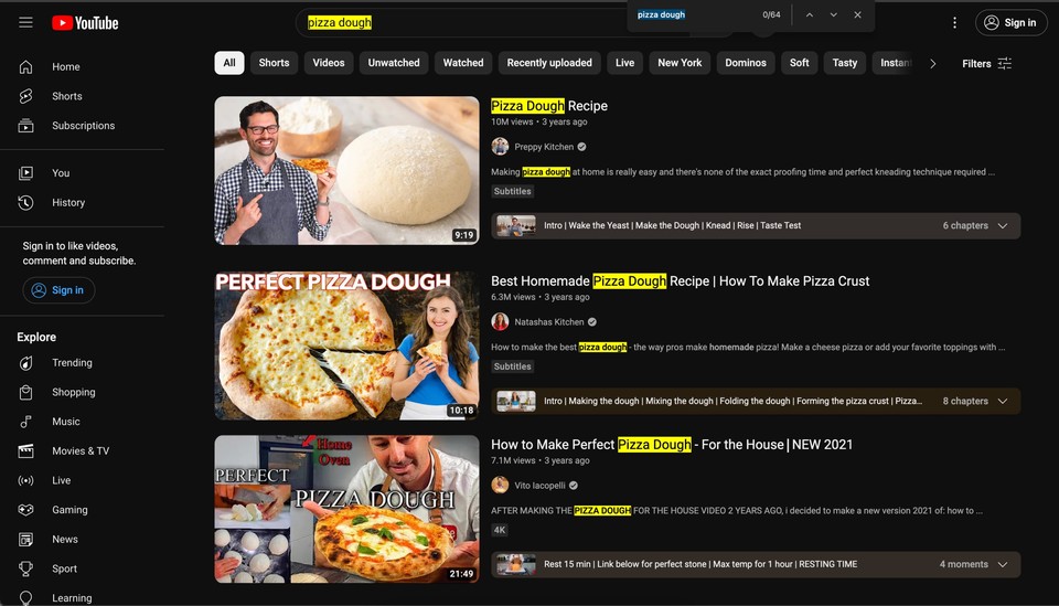 YouTube search results for pizza dough with various video thumbnails