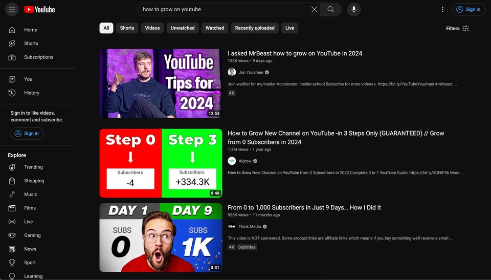 YouTube search results for how to grow on YouTube with tips and tutorials