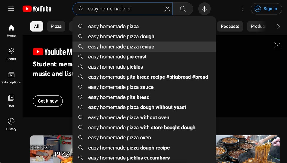 YouTube search suggestions for easy homemade pizza related queries