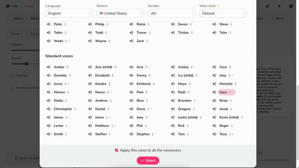 Voice selection menu in Fliki