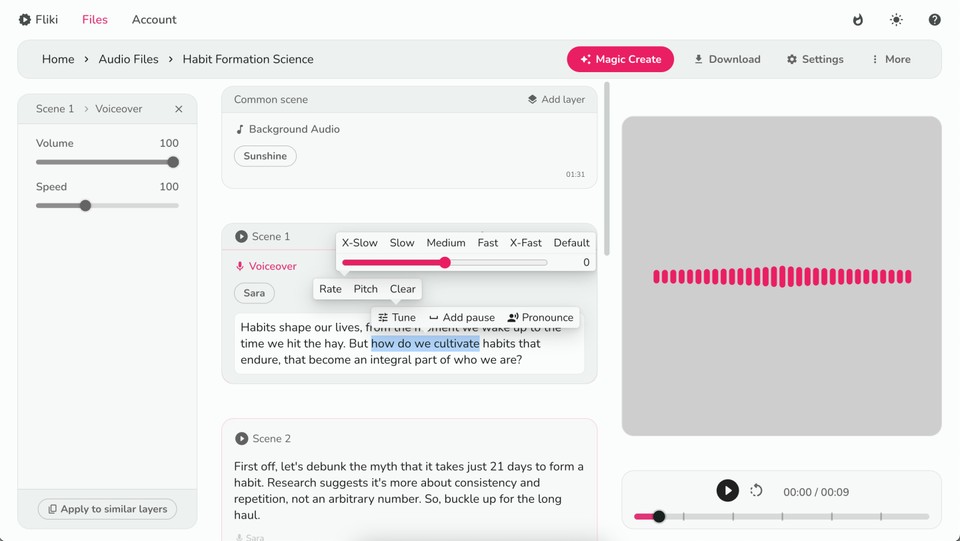 Voice intonation options in Fliki