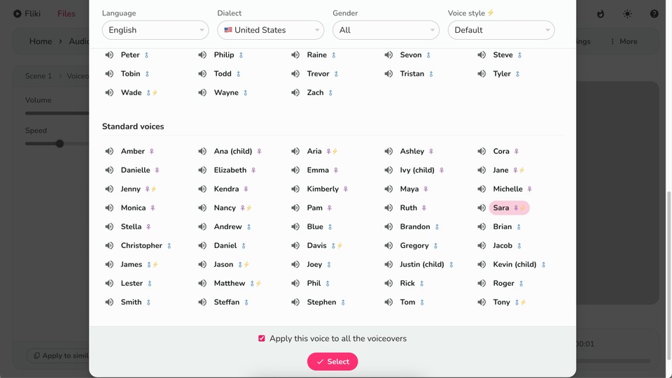 Voice selection menu in Fliki