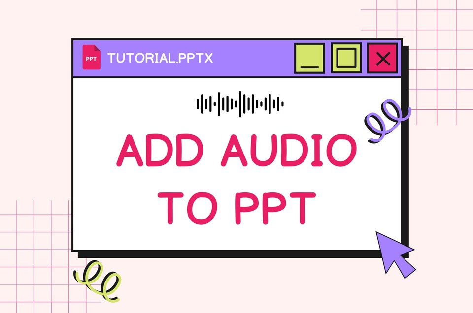 A colorful graphic with the text ADD AUDIO TO PPT in a stylized window titled TUTORIAL.PPTX