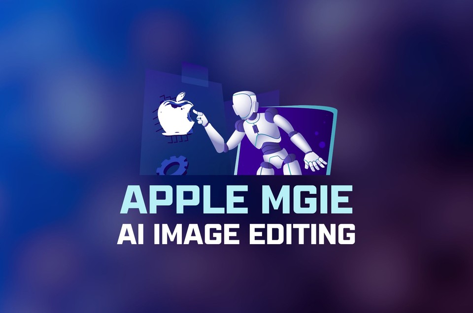 Apple MGIE AI image editing logo with a robot interacting with an apple icon