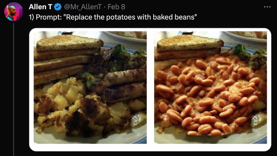 Screenshot of a tweet showing a before and after image with the prompt Replace the potatoes with baked beans