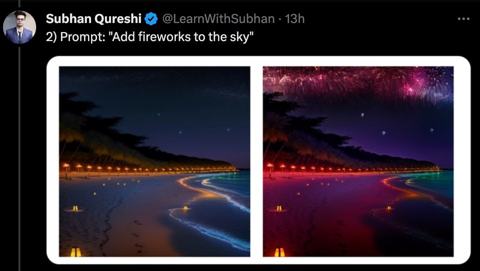 Screenshot of a tweet showing a before and after image with the prompt Add fireworks to the sky