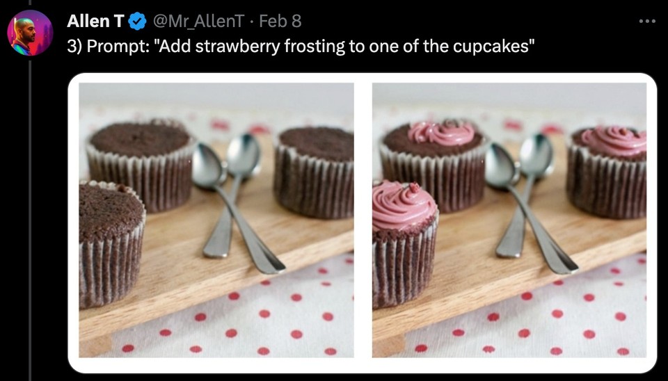 Screenshot of a tweet showing a before and after image with the prompt Add strawberry frosting to one of the cupcakes