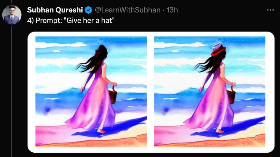 Screenshot of a tweet showing a before and after image with the prompt Give her a hat