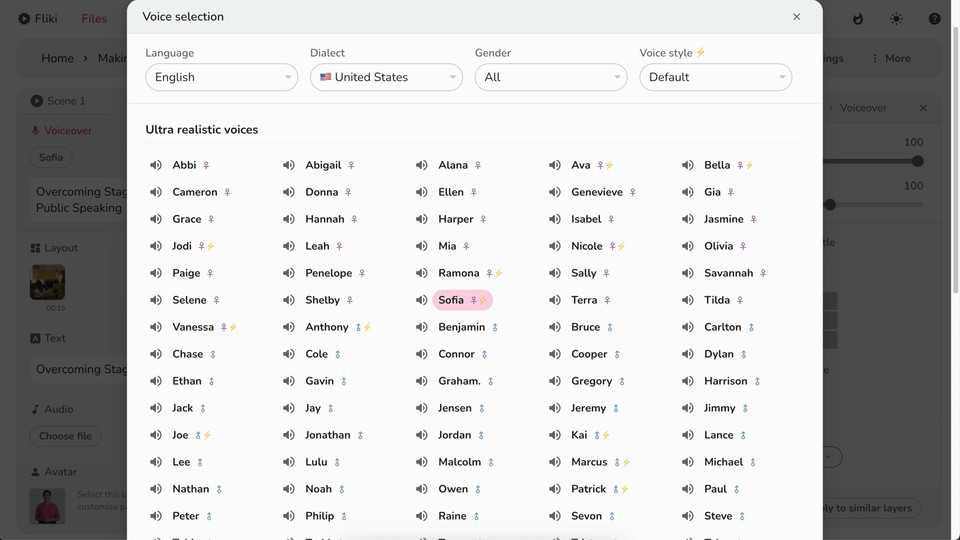 Voice selection menu in Fliki