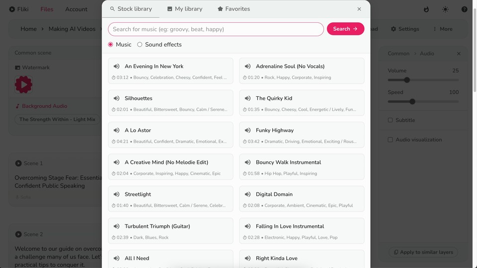 Background music selection menu in Fliki