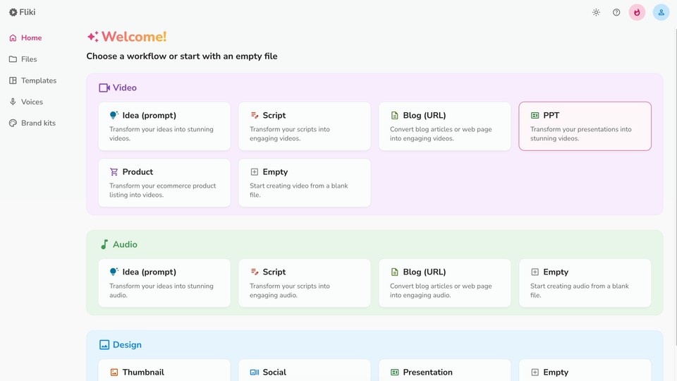 Selecting PPT workflow from Fliki app homepage