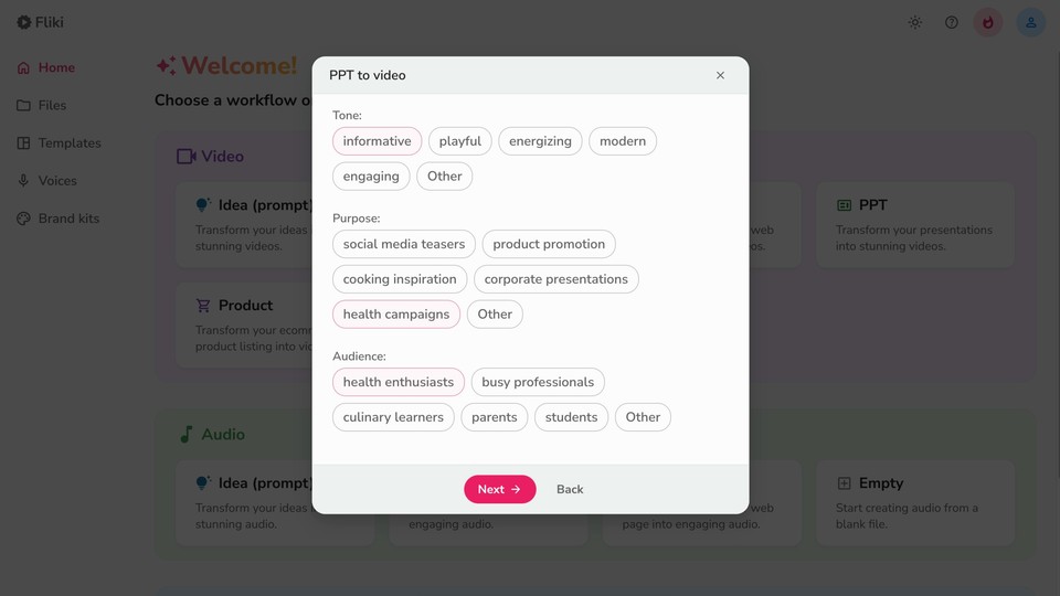 Selecting tone, purpose and audience from Fliki workflow