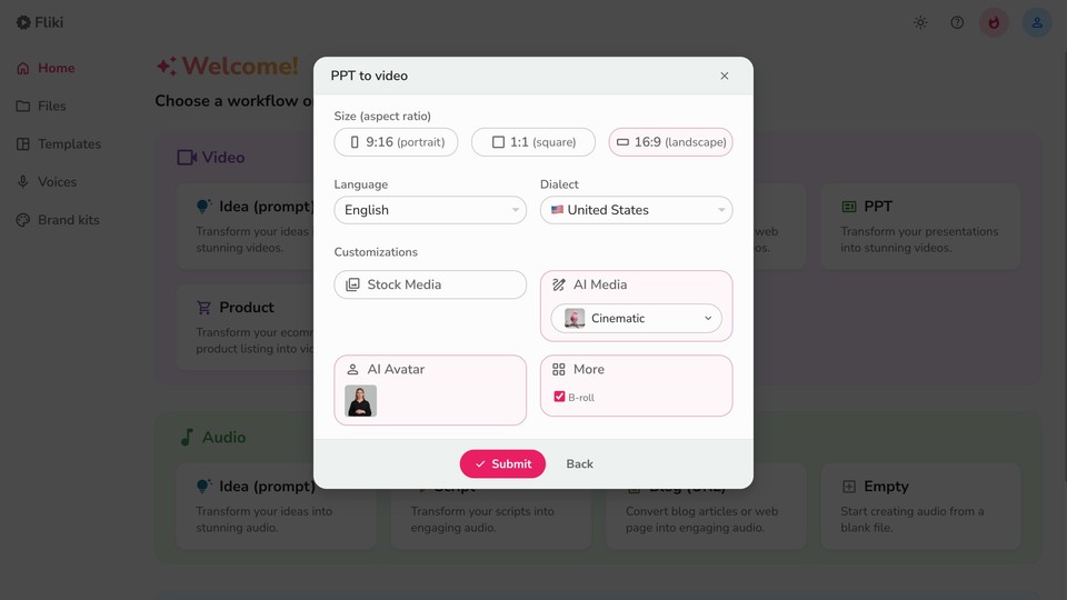 Setting customization options in Fliki workflow