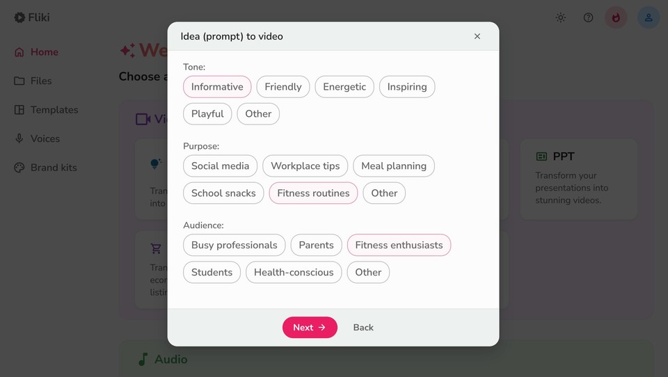 Selecting tone purpose and audience for idea to video