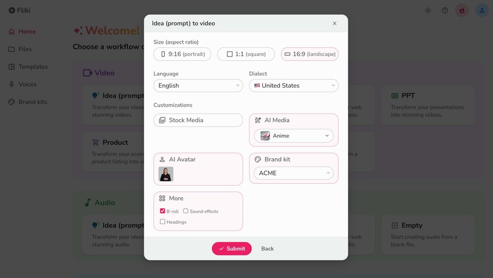 Setting customization options in Fliki idea to video