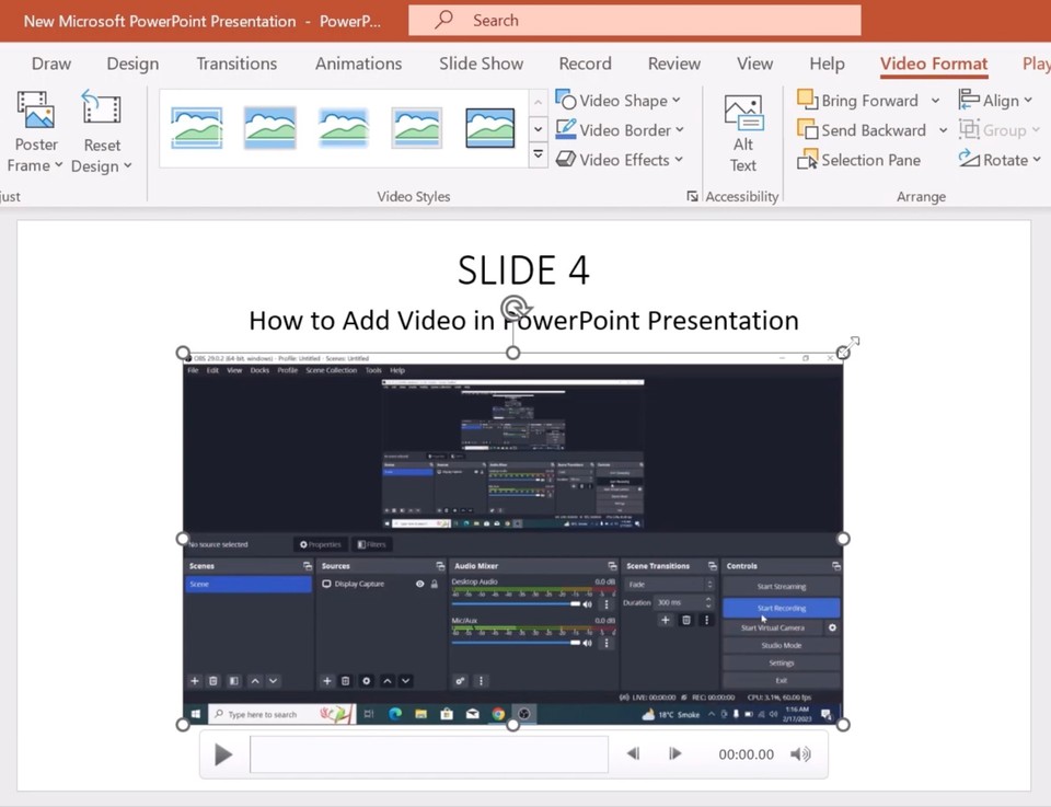 Resizing the embedded video in powerpoint using drag handles