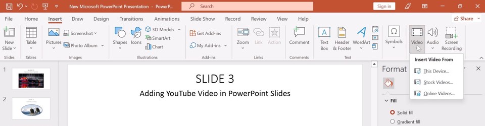 Clicking video option inside Insert tab in Microsoft Powerpoint