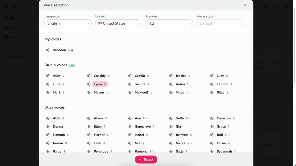 Fliki voiceover picker