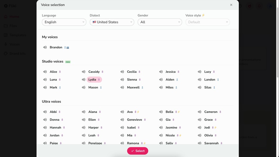 Fliki voice picker