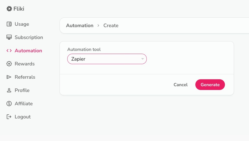 10. Selecting Zapier automation tool in Fliki